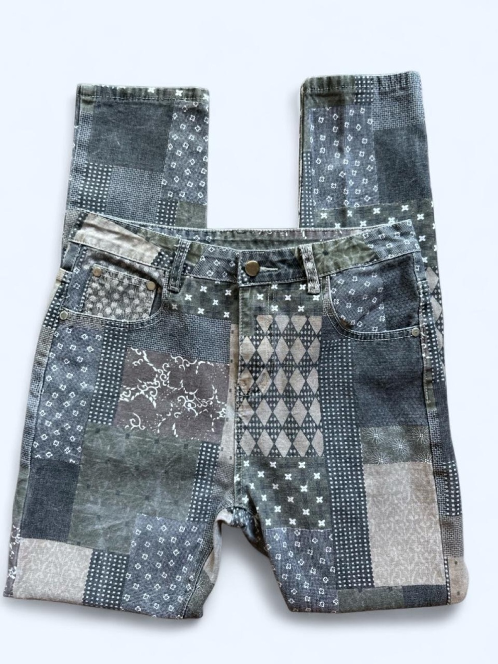 Women's Charcoal Grey Patchwork Print Straight Leg Jeans Size 30/32 Boho